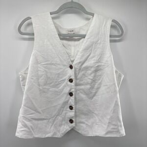 J. Crew Women's White Button Front Linen‎ Blend Vest Size 14 City Preppy